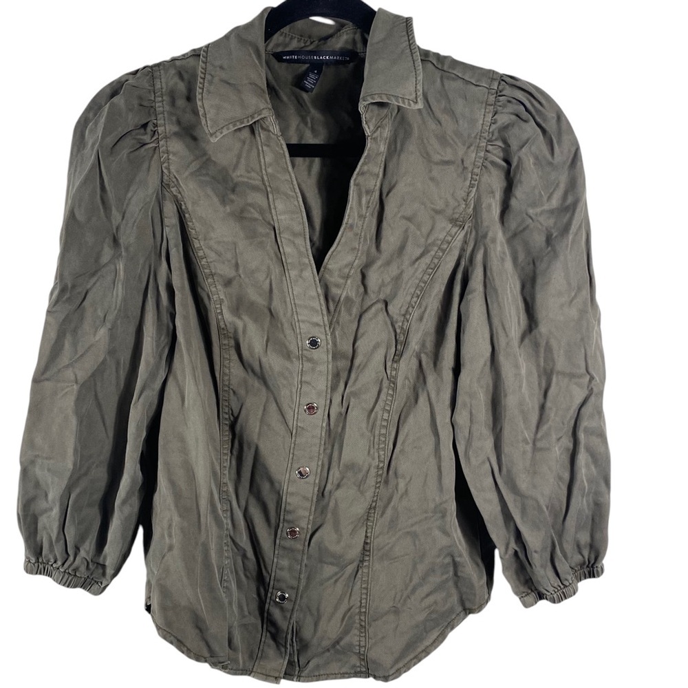 White House Black Market Snap Front Lyocell Blouse Olive Green Sz 4